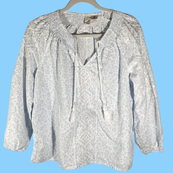 Joie Blue Floral Embroidered peasant cottage tassel Blouse S Linen & Cotton Blen - Picture 1 of 10